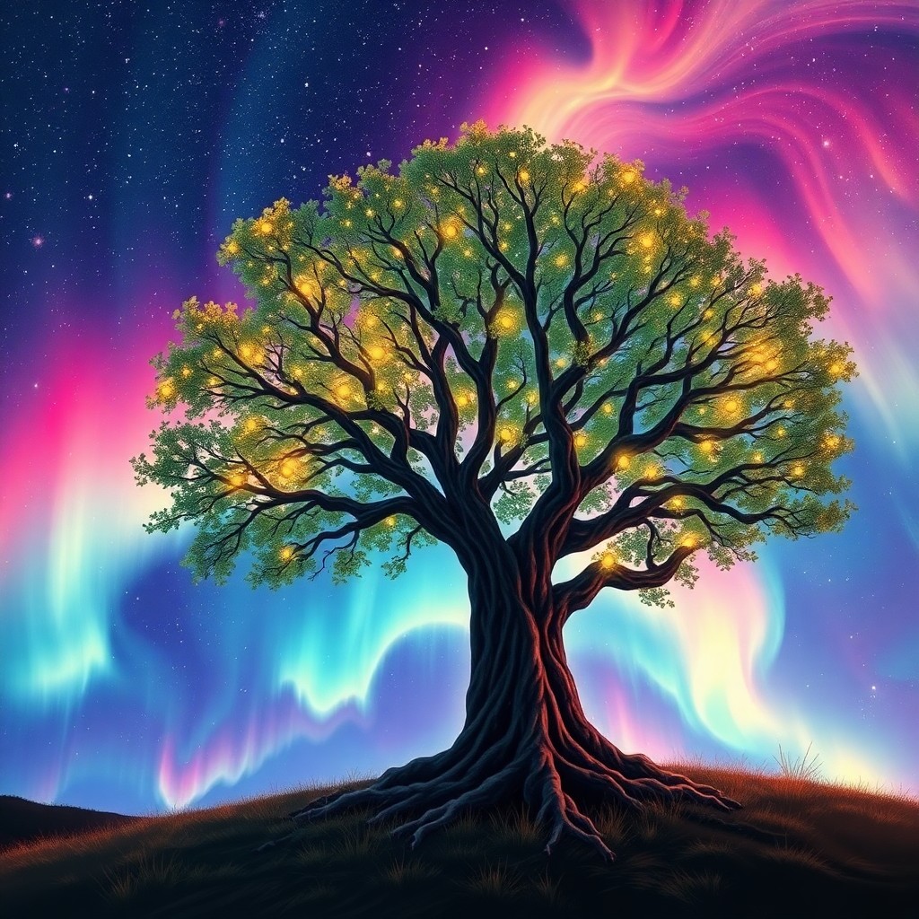 AI generated art for prompt: Visualize an enchanting dreamscape featuring a majestic tree with luminous foliage reaching out to e