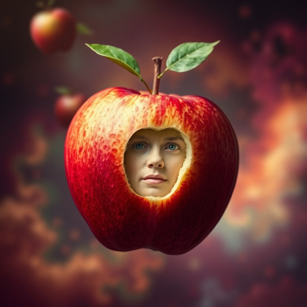 AI generated art for prompt: Craft an image reminiscent of surrealist art, portraying an apple with a human face replacing its co