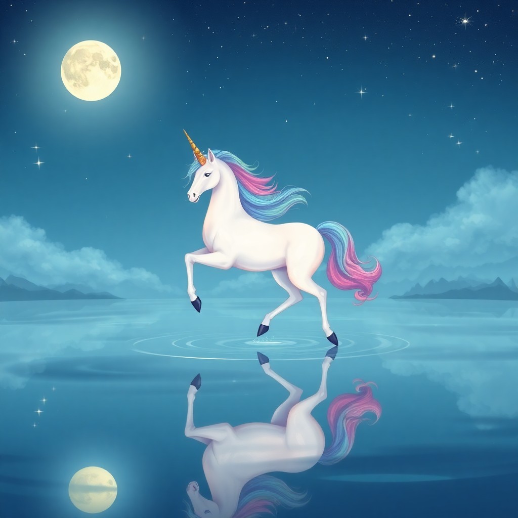 AI generated art for prompt: A whimsical digital illustration depicts a majestic unicorn gracefully descending from a starlit sky