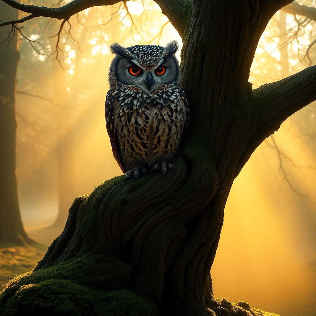 AI generated art for prompt: A wise old owl rests upon a weathered oak tree in a mystical forest clearing at dawn, reminiscent of