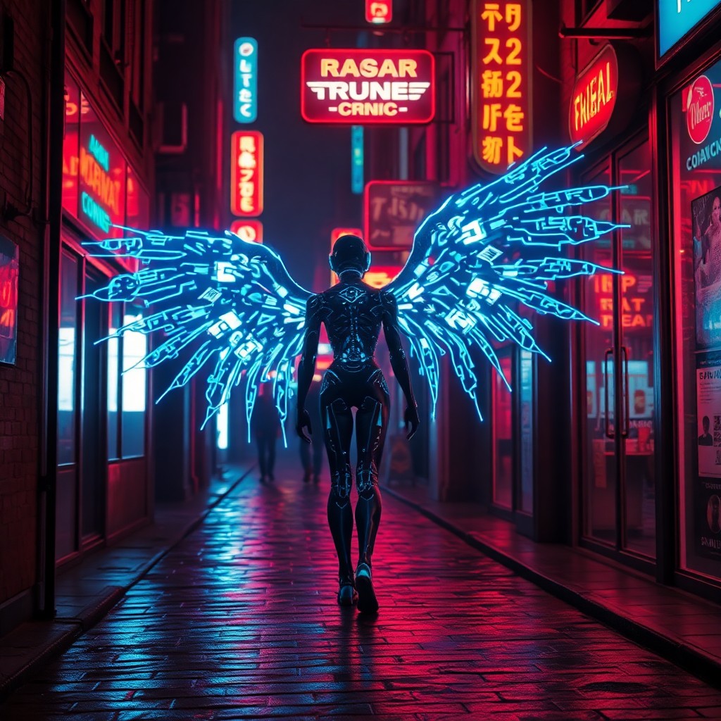 AI generated art for prompt: A neon-lit cyberpunk alley, reminiscent of Blade Runner's futuristic atmosphere, is illuminated by v