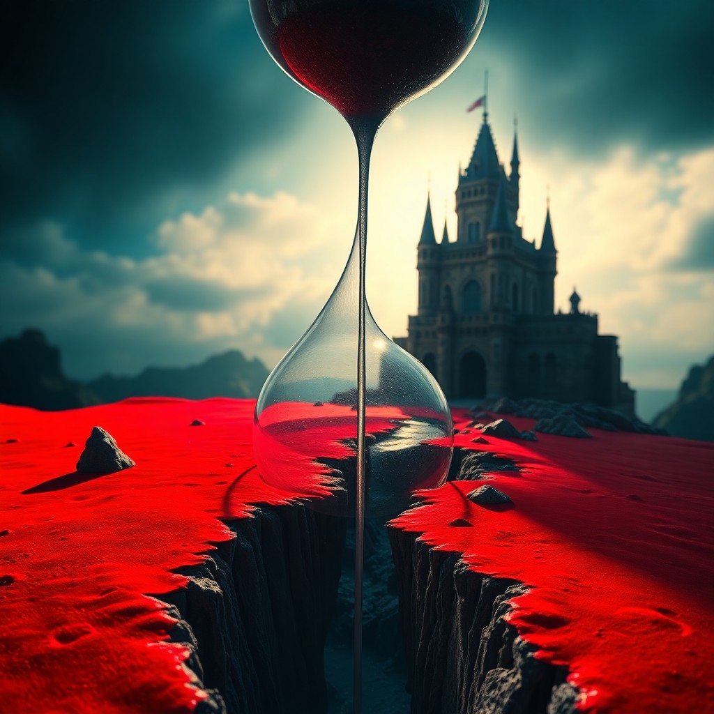 AI generated art for prompt: A surrealistic image captures a close-up view of an hourglass melting into a grand, cascading castle