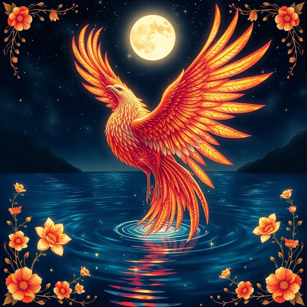 AI generated art for prompt: Visualize an enchanting scene where a majestic phoenix ascends from a mystical crystal lake under th