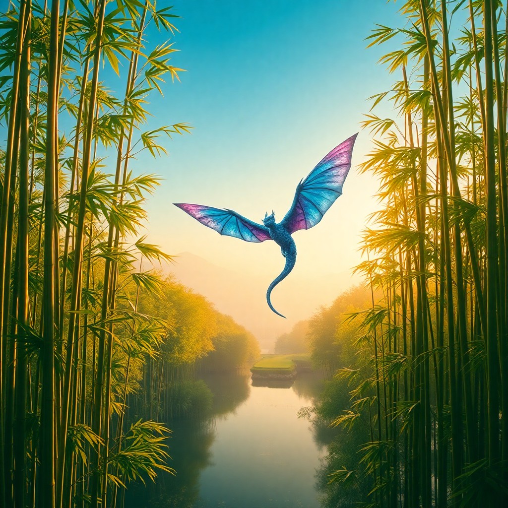 AI generated art for prompt: An aerial perspective over an idyllic bamboo forest illuminated by the warm glow of golden hour ligh