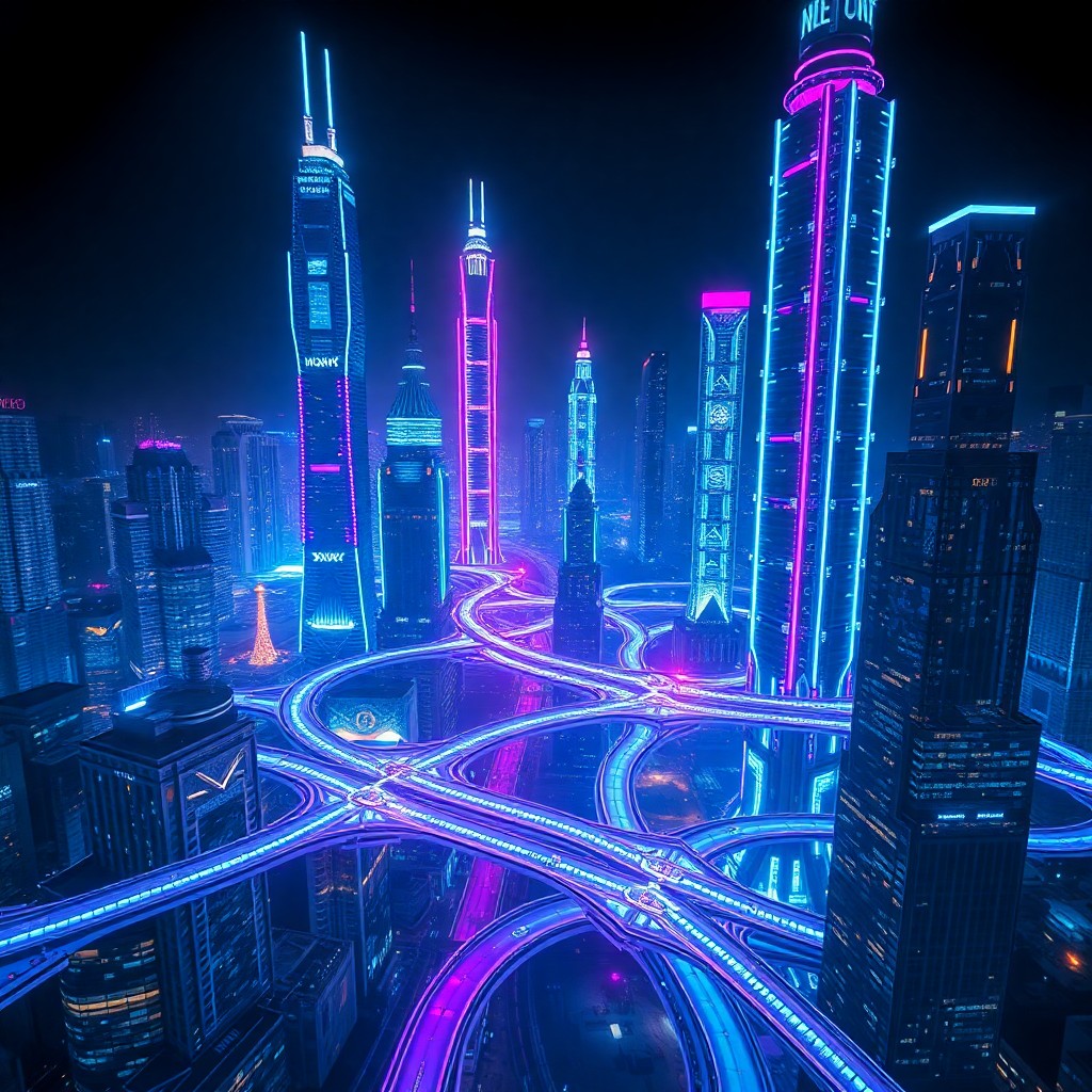 AI generated art for prompt: Imagine a futuristic cityscape at night, with towering skyscrapers illuminated by pulsating neon lig