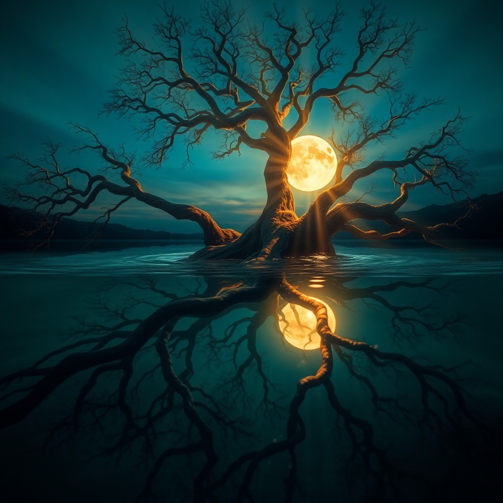 AI generated art for prompt: A surrealistic aquatic dreamscape features an ancient tree with twisted roots extending from a tranq