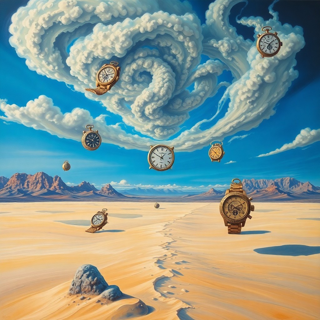 AI generated art for prompt: Imagine an oil painting depicting a surreal desert landscape, reminiscent of Dalí's dreamscapes, whe