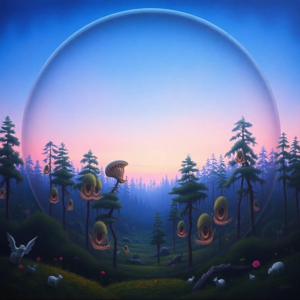 AI generated art for prompt: A surreal oil painting depicting an enchanted forest at twilight, where the sky transitions from dee