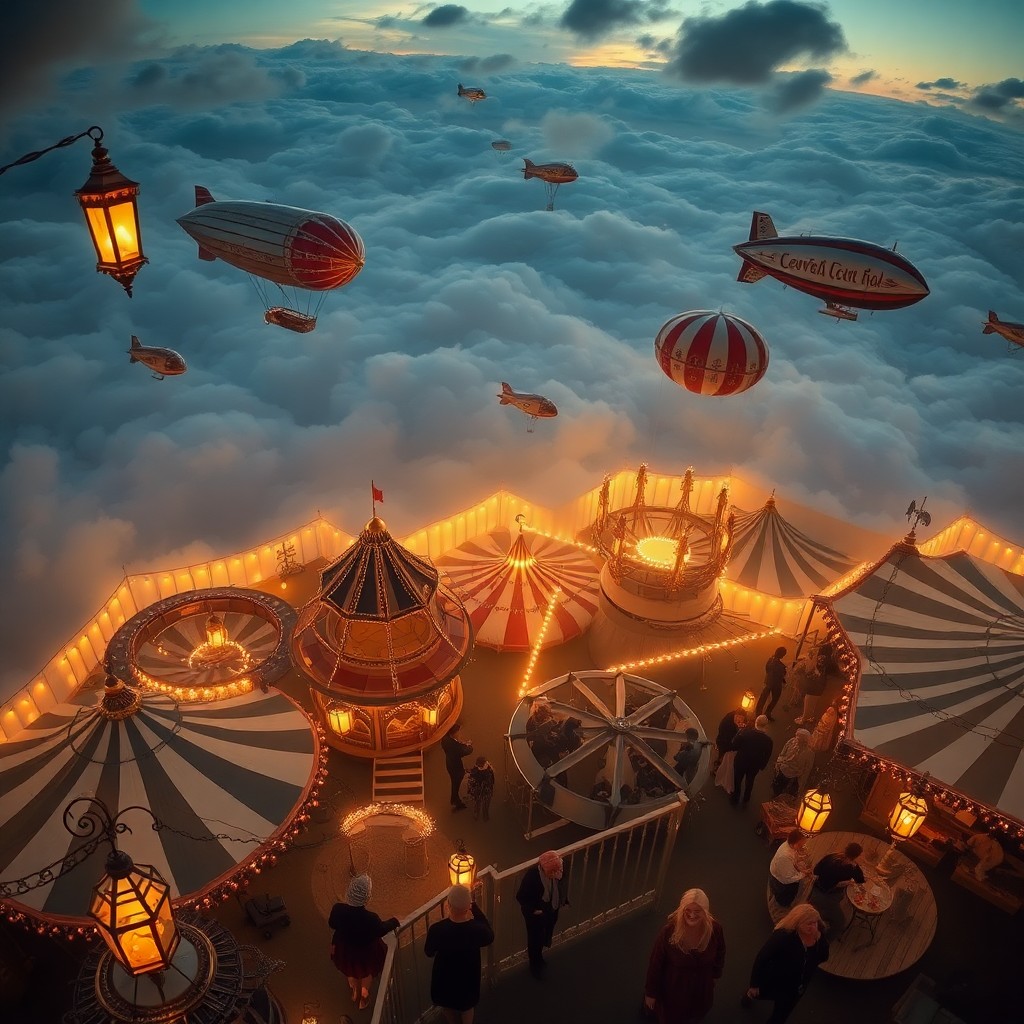 AI generated art for prompt: Imagine an enchanting aerial perspective of a lively carnival bathed in the golden hues of twilight,