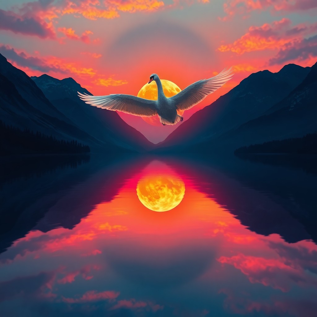 AI generated art for prompt: A dreamlike digital artwork depicting a tranquil mountain lake at sunset, reflecting the vivid color