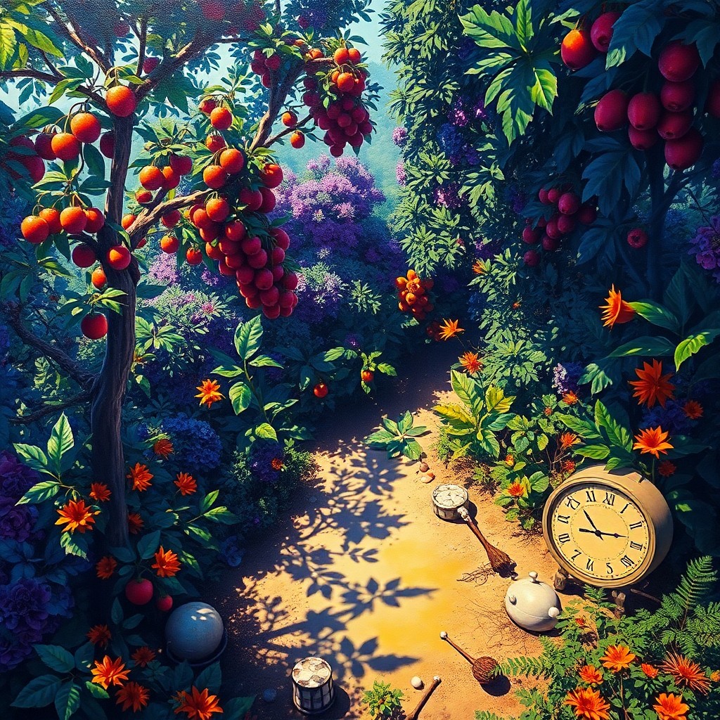 AI generated art for prompt: A surreal oil painting depicting an aerial view of an overgrown garden with towering fruit trees and