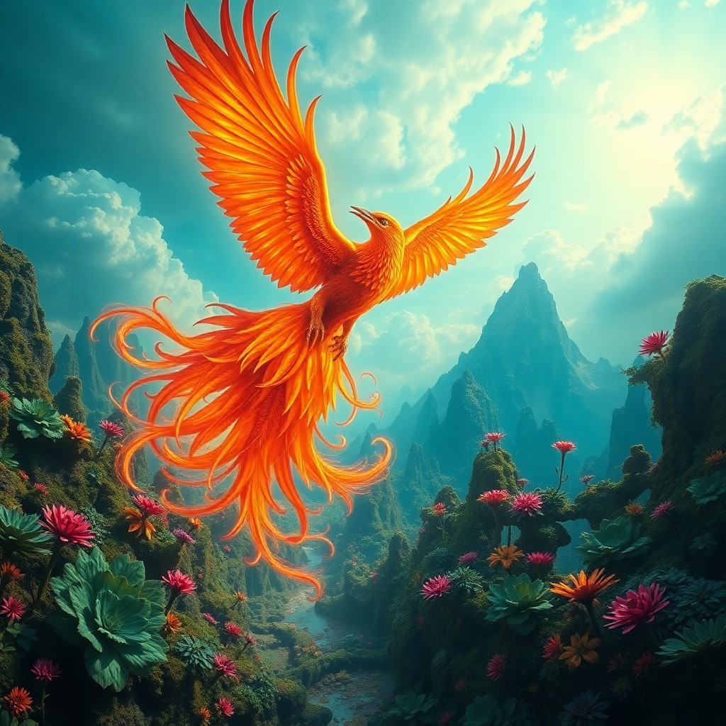 AI generated art for prompt: Craft an image depicting a surreal dreamscape where a mythical phoenix ascends from its ashes amidst