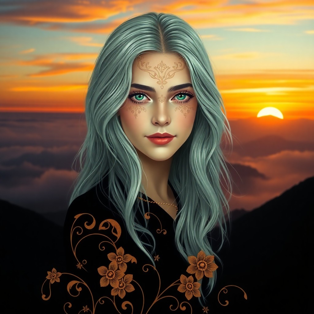 AI generated art for prompt: An enigmatic portrait in the Art Nouveau style features a young woman with striking green eyes and s