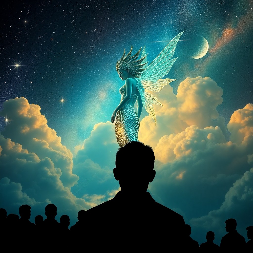 AI generated art for prompt: A vivid digital artwork depicting an otherworldly mermaid amidst a celestial panorama. The creature,