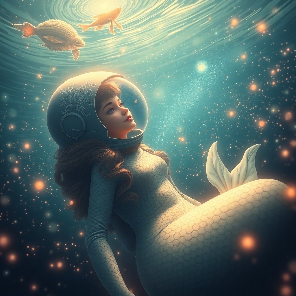 AI generated art for prompt: A detailed digital artwork portraying a mermaid astronaut gracefully drifting within a celestial sea