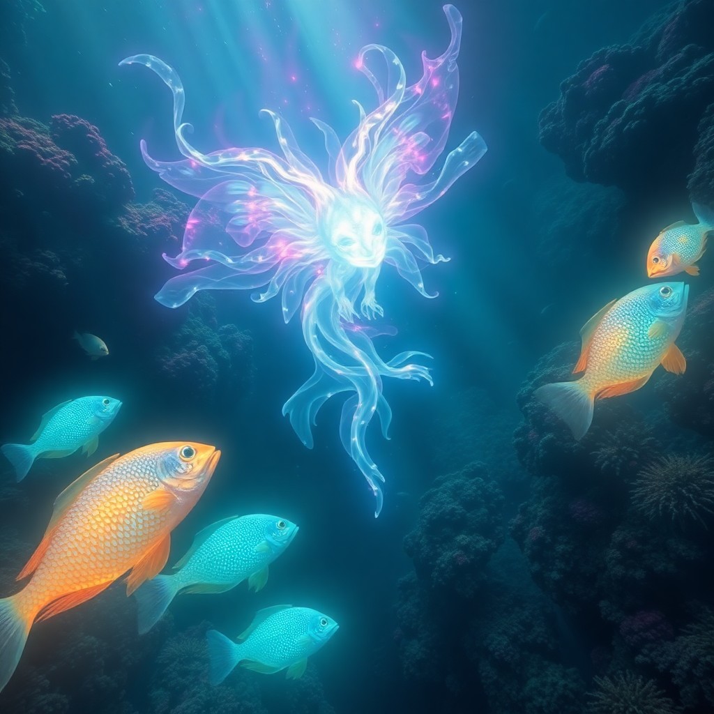 AI generated art for prompt: A captivating digital artwork showcases an enchanting underwater panorama from a bird's-eye view, ev