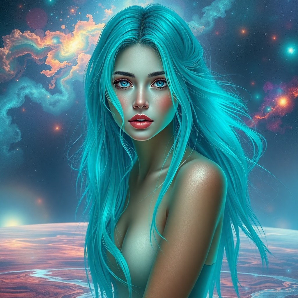 AI generated art for prompt: Envision an alluring digital art portrait of a young woman with luminous turquoise hair flowing down