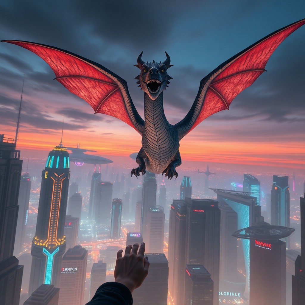 AI generated art for prompt: A majestic dragon soars above an urban landscape bathed in twilight hues, its iridescent scales refl