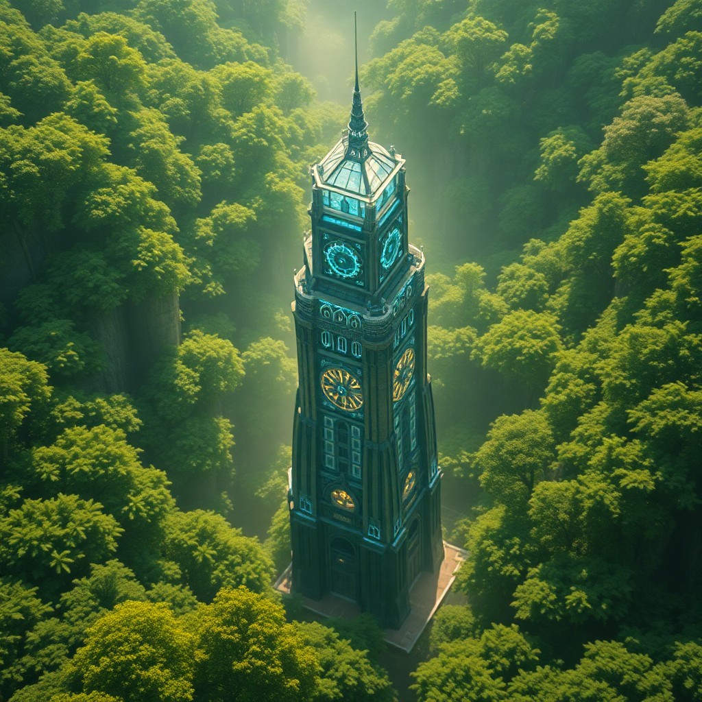 AI generated art for prompt: An aerial view showcases a surreal digital art scene where an enormous tower emerges from the lush h