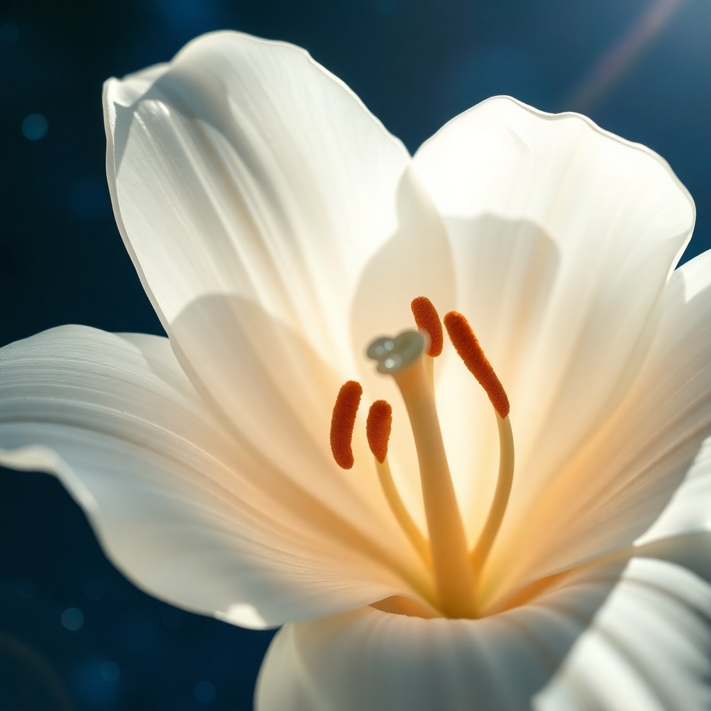 AI generated art for prompt: A surreal close-up view captures the delicate bloom of a white lily, its petals swirling like cosmic