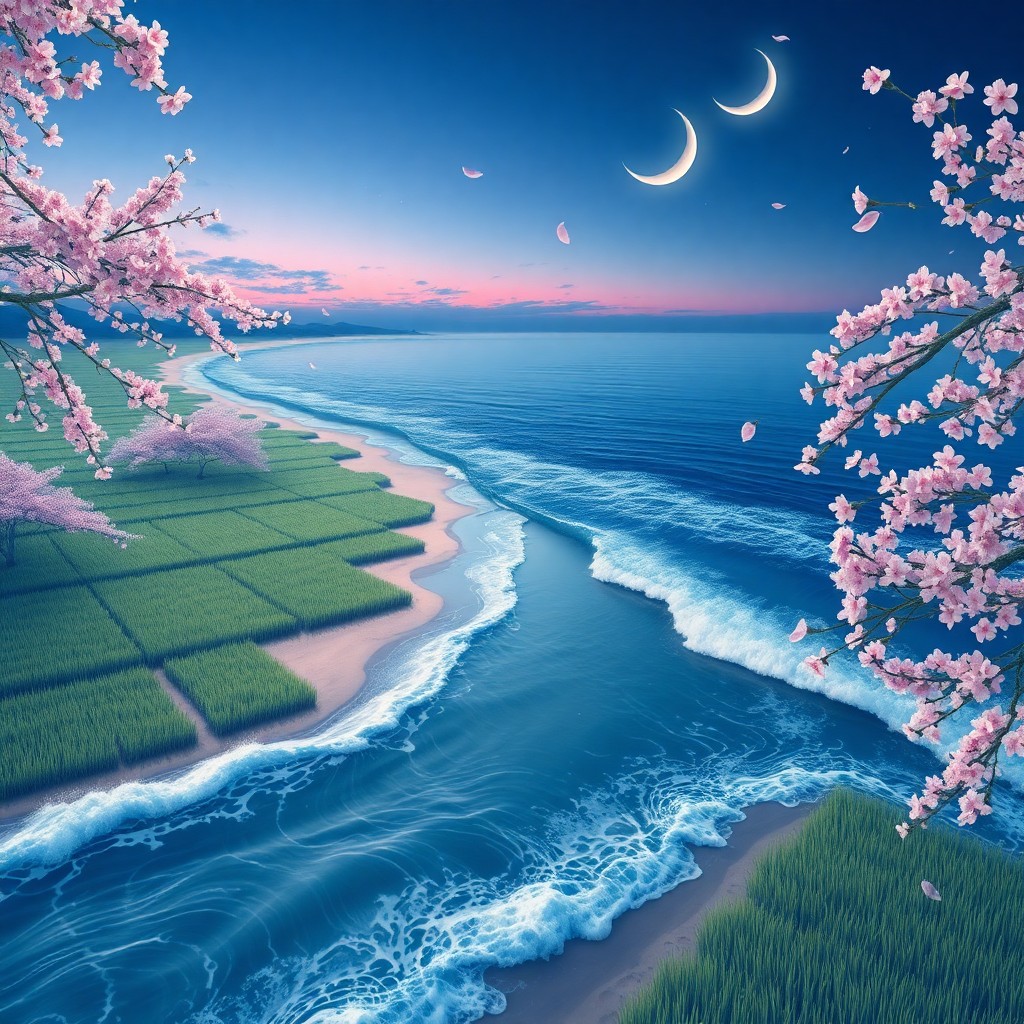 AI generated art for prompt: Imagine a serene Japanese landscape, where gentle waves caress a tranquil beach under the soft glow 