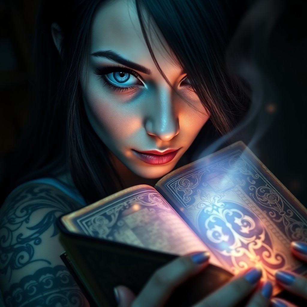 AI generated art for prompt: A captivating digital art portrait captures an enigmatic woman with striking blue eyes and long dark