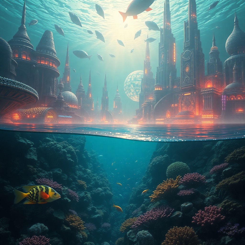 AI generated art for prompt: A surreal digital art composition depicting an underwater paradise with a thriving coral reef housin