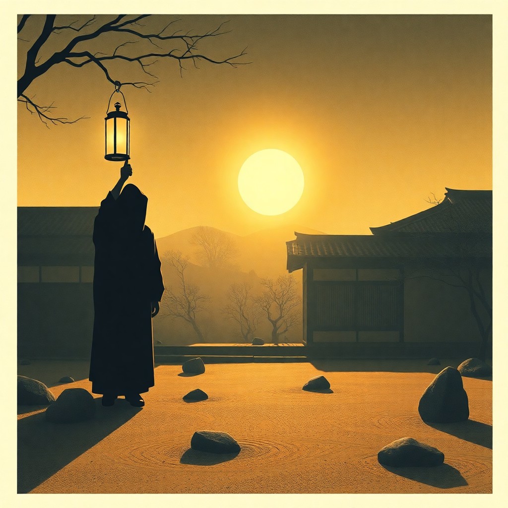 AI generated art for prompt: In the soft golden light of dawn, a solitary figure cloaked in deep shadows holds a lantern high aga