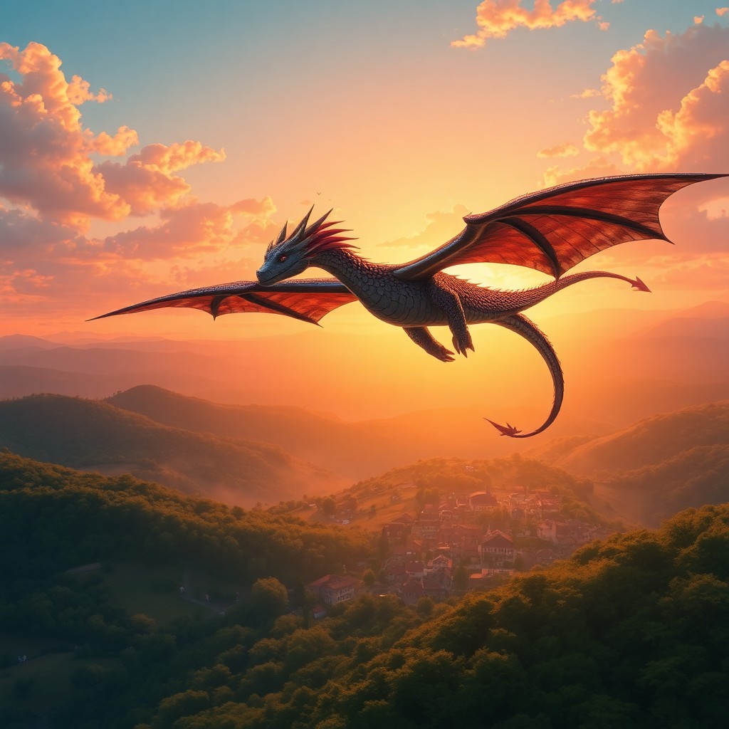 AI generated art for prompt: An awe-inspiring digital artwork portraying an elegant dragon soaring above a sprawling, vibrant lan