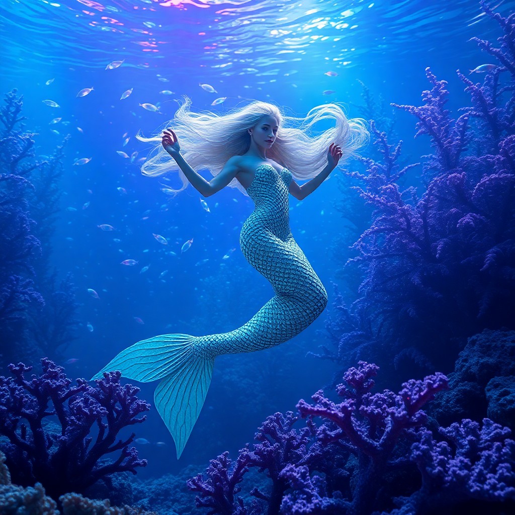 AI generated art for prompt: Envision an enchanting underwater realm where a regal mermaid adorned with shimmering scales gracefu