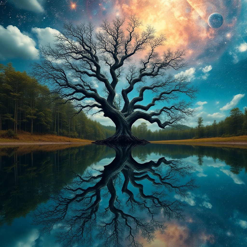 AI generated art for prompt: A surreal landscape depicting an otherworldly tree with branches extending into a celestial expanse,