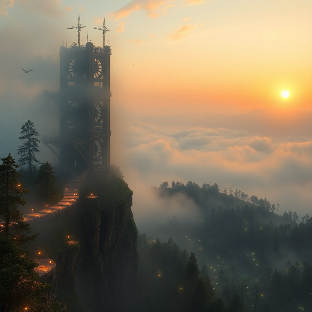 AI generated art for prompt: In this mesmerizing digital artwork reminiscent of surreal steampunk landscapes, a colossal tower em