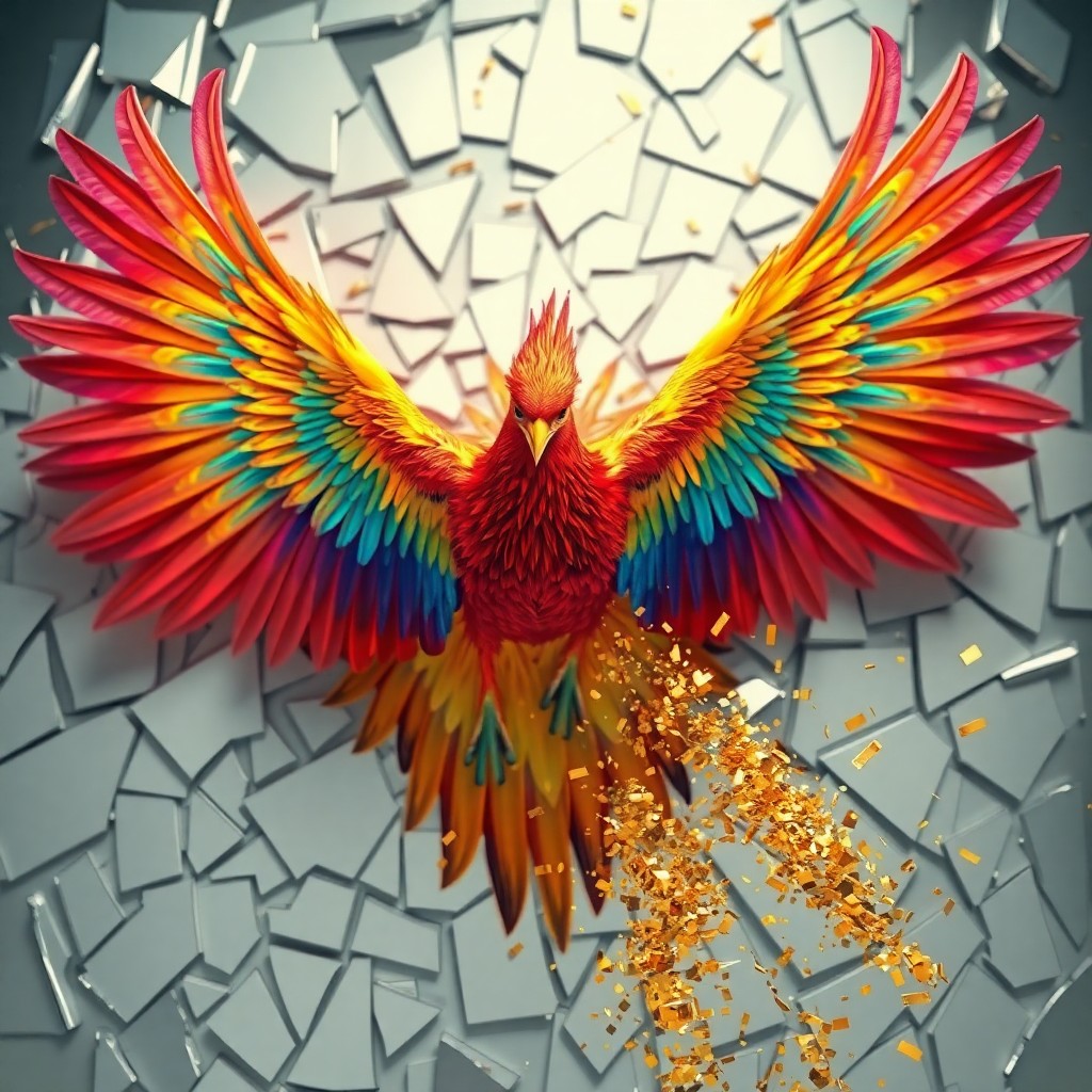 AI generated art for prompt: A surreal digital artwork depicting a vibrant phoenix emerging from shattered glass, its iridescent 