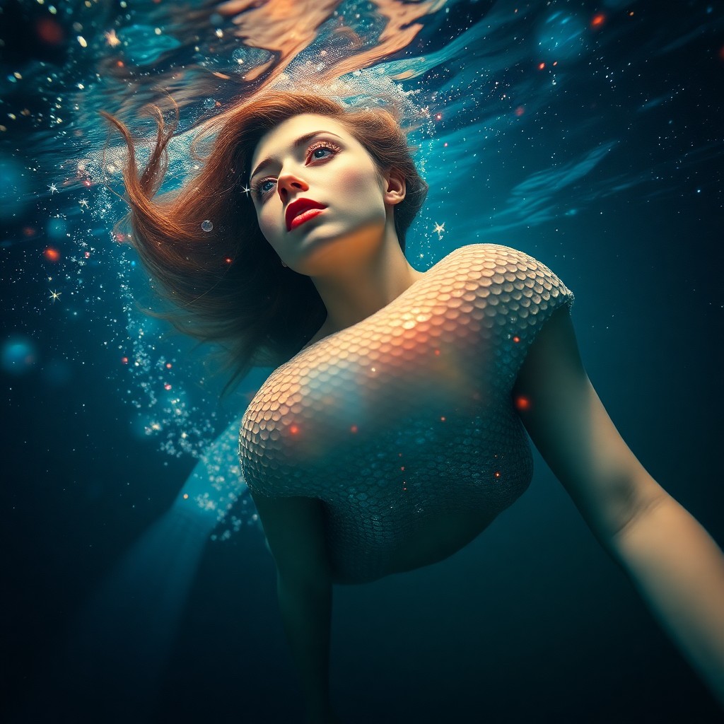 AI generated art for prompt: A surreal portrait captures an enigmatic mermaid figure adorned with scales that shimmer like distan