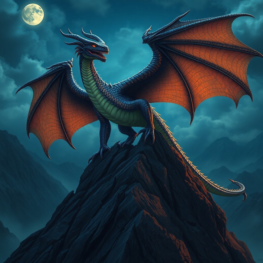 AI generated art for prompt: A majestic dragon with scales shimmering in hues of moonlit skies, perches atop a craggy mountain pe