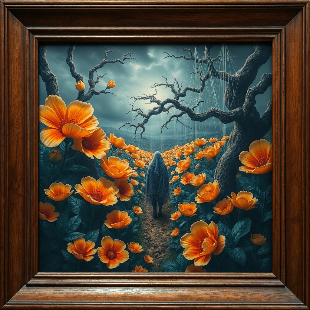 AI generated art for prompt: A mesmerizing portrait unveils an enigmatic landscape within a classic wooden frame, reminiscent of 