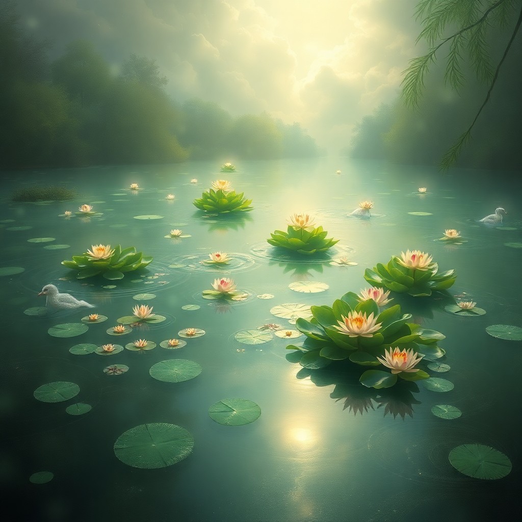 AI generated art for prompt: Visualize an image in the tranquil, impressionistic style akin to Hermes Monet's Water Lilies series