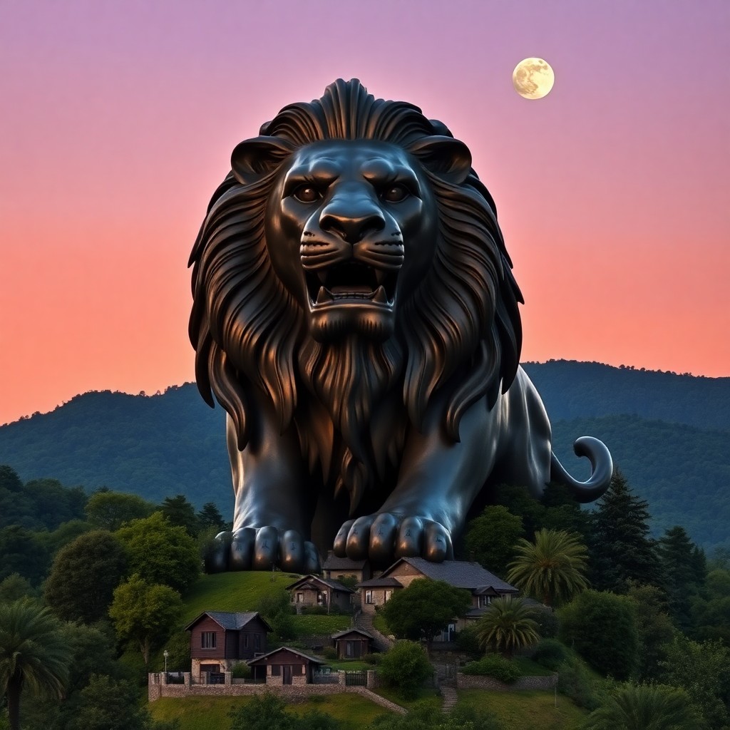 AI generated art for prompt: An enormous bronze statue of a majestic lion comes to life at sunset, its face morphing into a proud