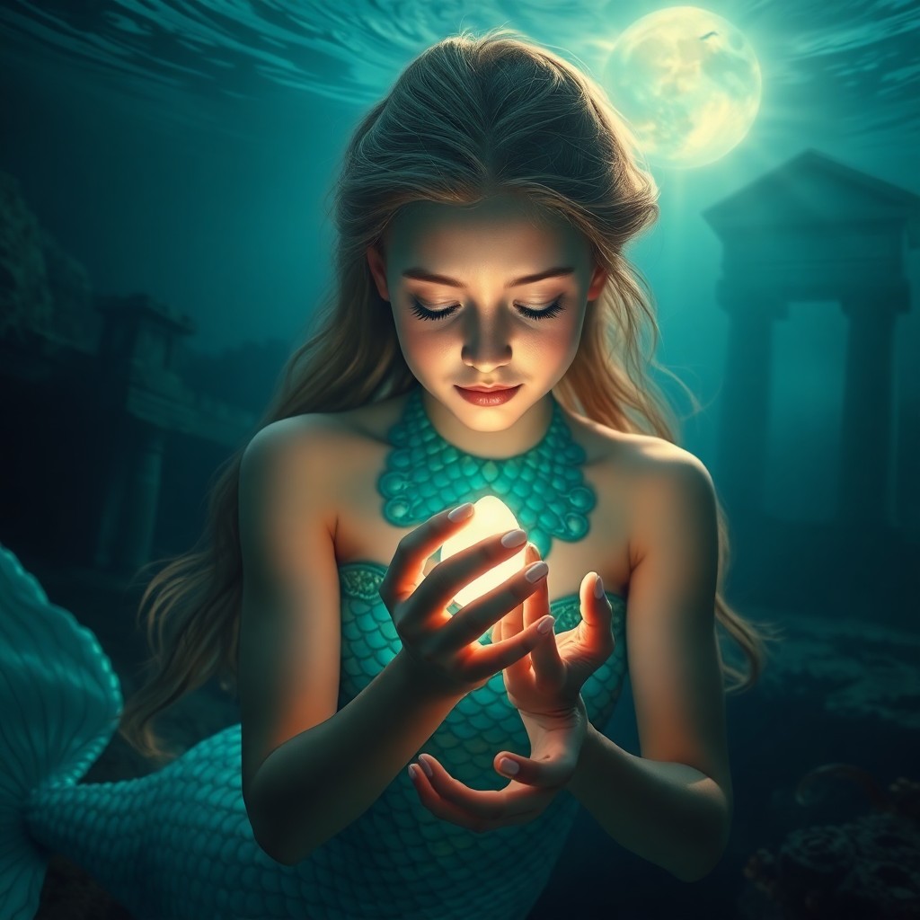 AI generated art for prompt: A mesmerizing portrait depicts a young mermaid, her radiant turquoise scales reflecting the soft moo