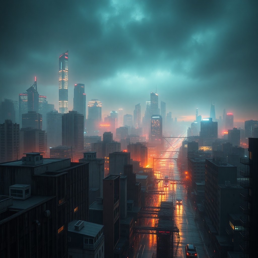 AI generated art for prompt: Envision a futuristic cityscape at twilight, with neon lights casting an ethereal glow on rain-drenc