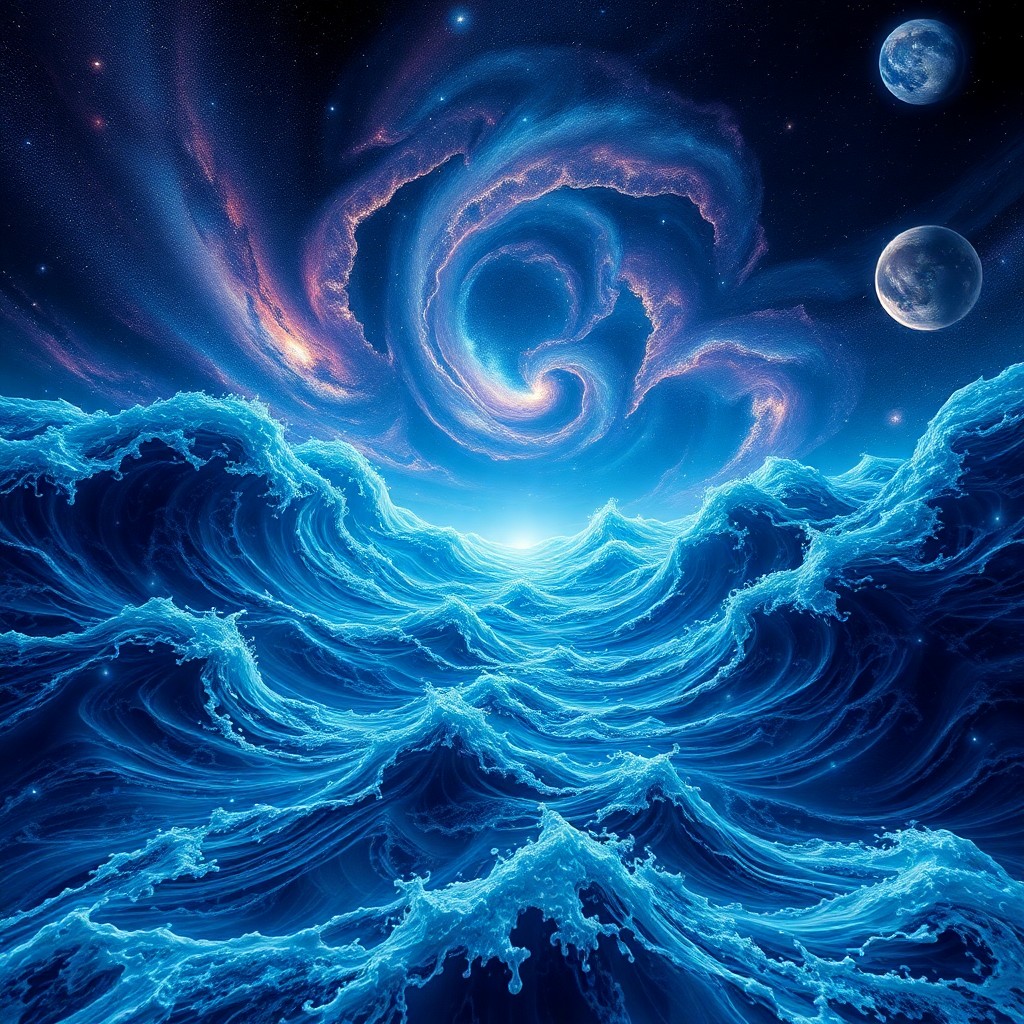 AI generated art for prompt: An awe-inspiring digital artwork depicts an expansive cosmic sea with swirling galaxies as its waves