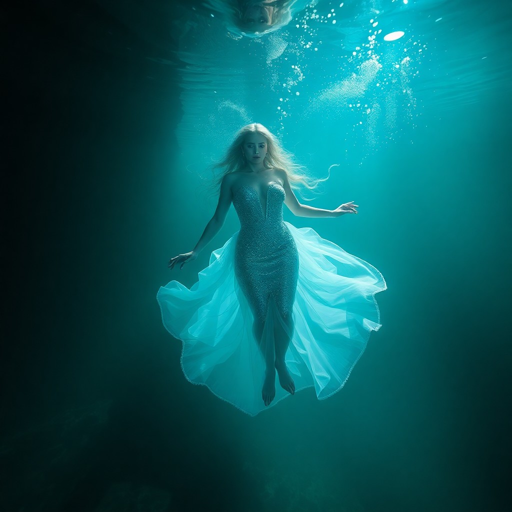 AI generated art for prompt: A surreal digital art portrait depicts a mesmerizing mermaid hybrid adorned in a glistening dress as