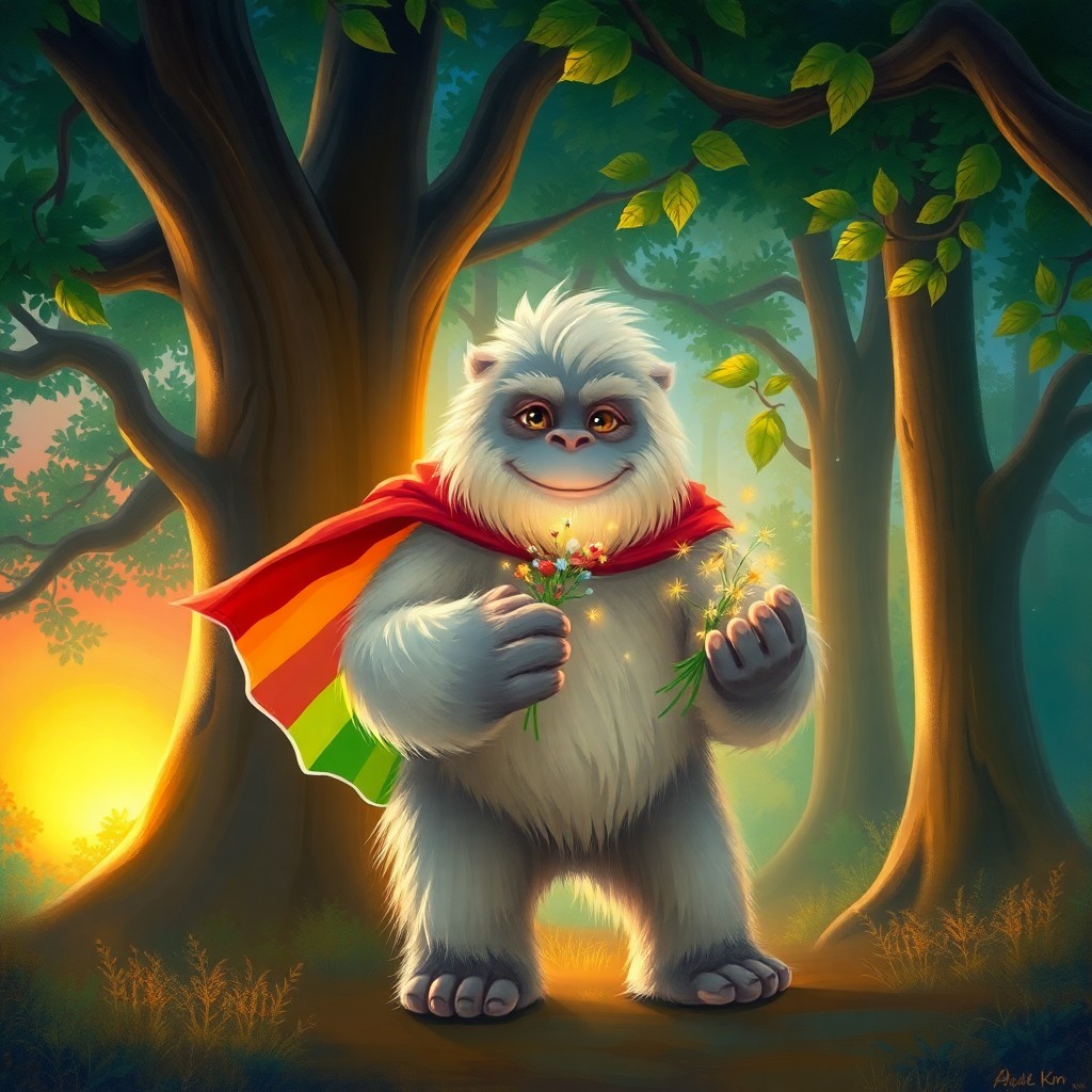 AI generated art for prompt: A whimsical portrait from a child's perspective, depicting a friendly yeti wearing a vibrant rainbow