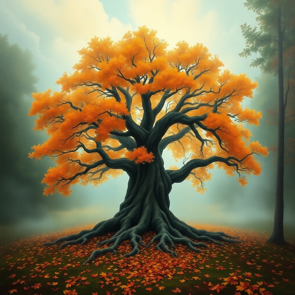 AI generated art for prompt: A dreamlike oil painting captures a majestic tree with vibrant autumn foliage standing alone in a lu