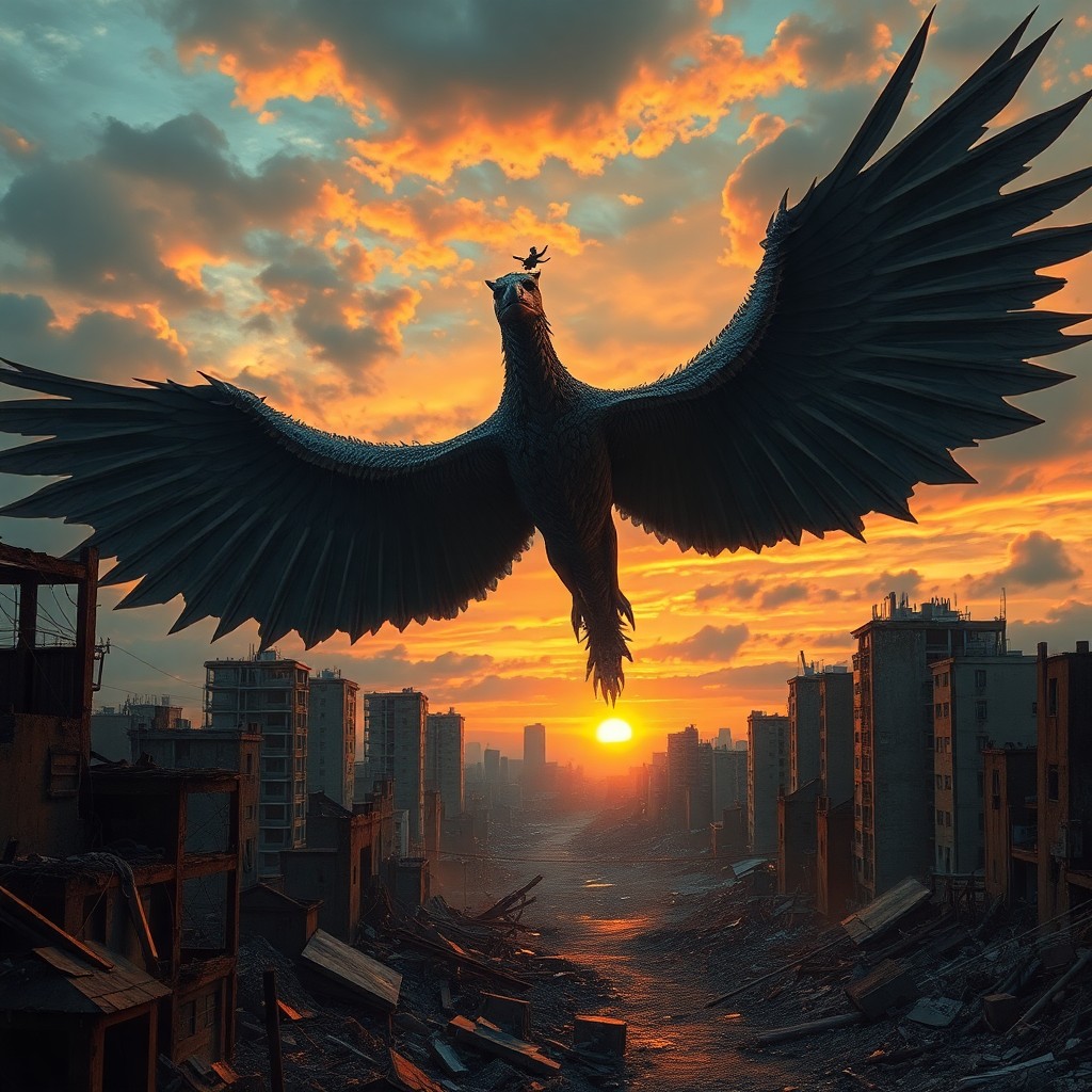 AI generated art for prompt: A mythical creature ascends from the remnants of a devastated urban landscape bathed in the dusky gl