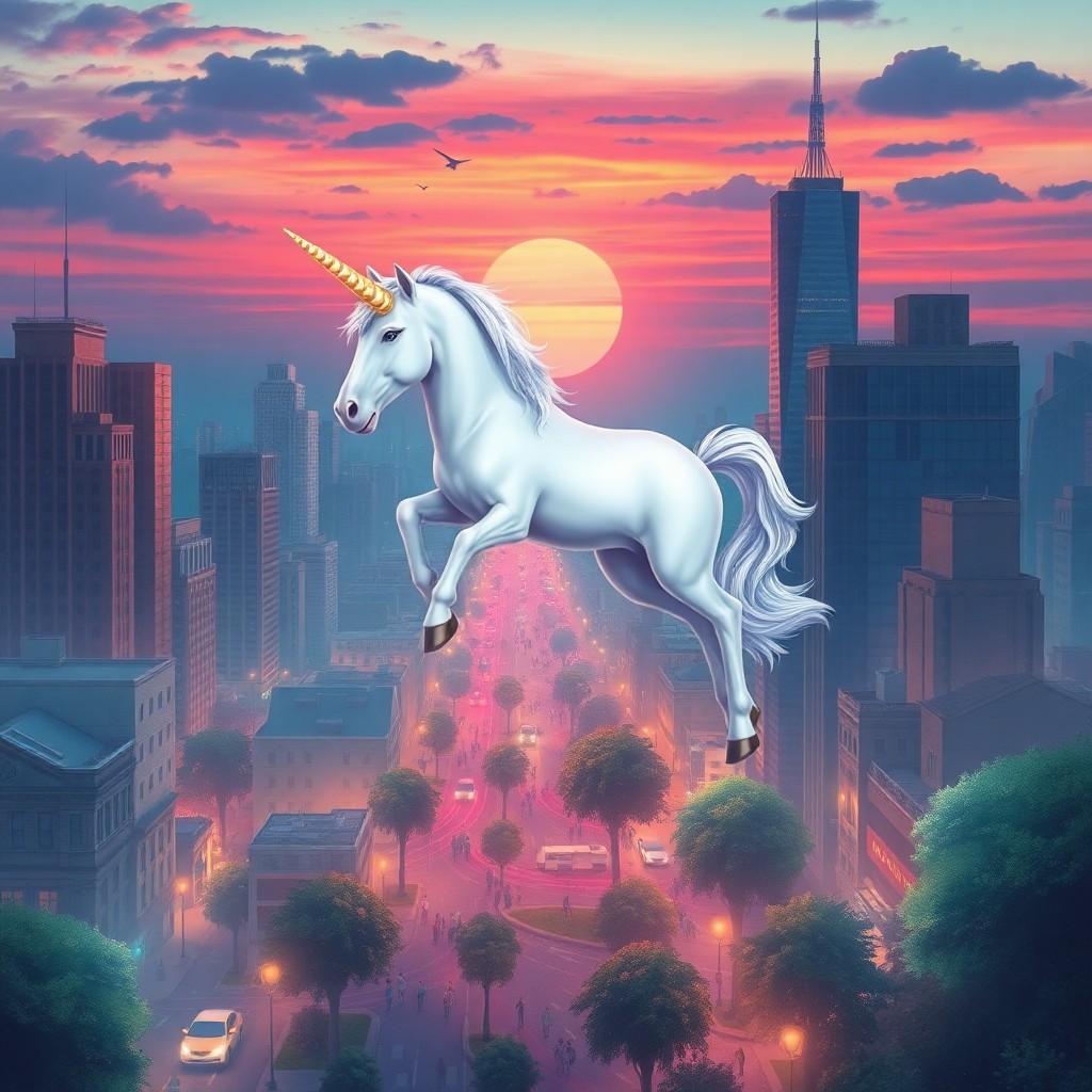 AI generated art for prompt: A whimsical digital art piece depicting a mesmerizing scene where an awe-inspiring unicorn alights u