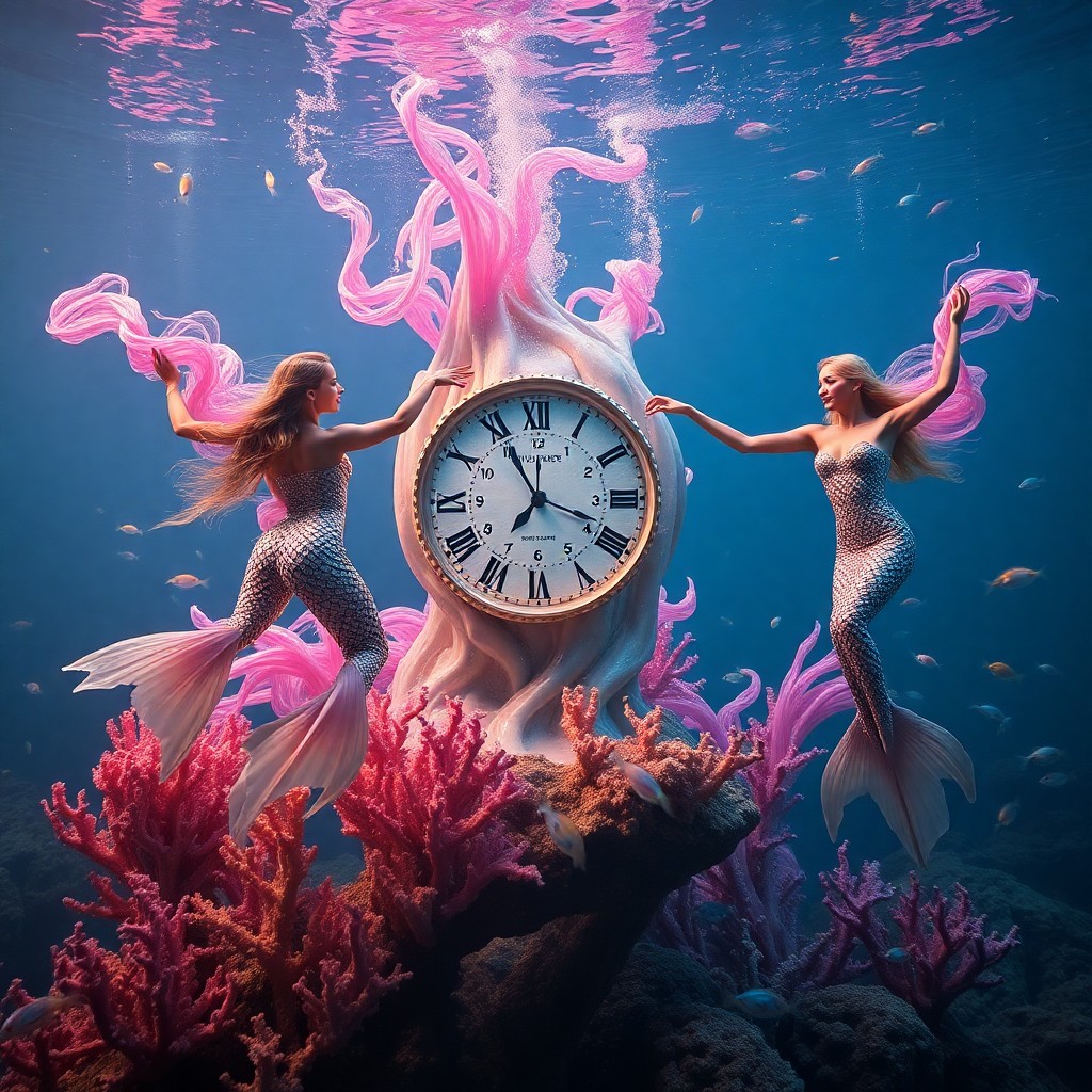 AI generated art for prompt: An underwater ballet unfolds in a surreal dreamscape, where graceful mermaids adorned with iridescen