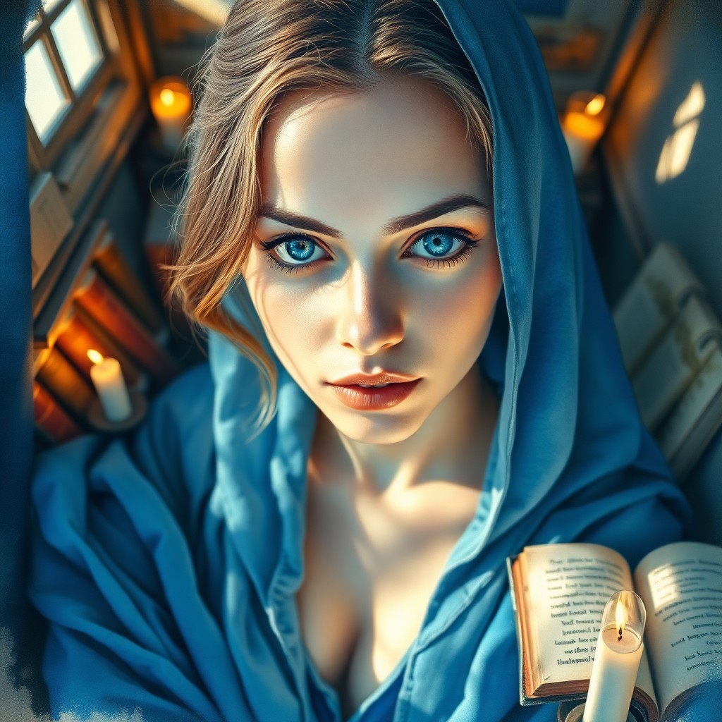 AI generated art for prompt: An enchanting watercolor portrait captures the introspective gaze of a young woman with an ethereal 