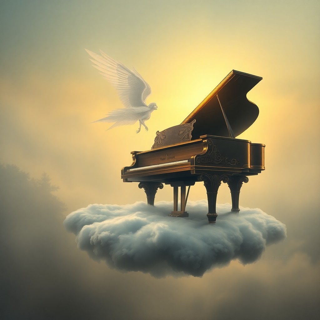 AI generated art for prompt: Craft an image reminiscent of surrealist oil painting, depicting a grand piano levitating in a dream