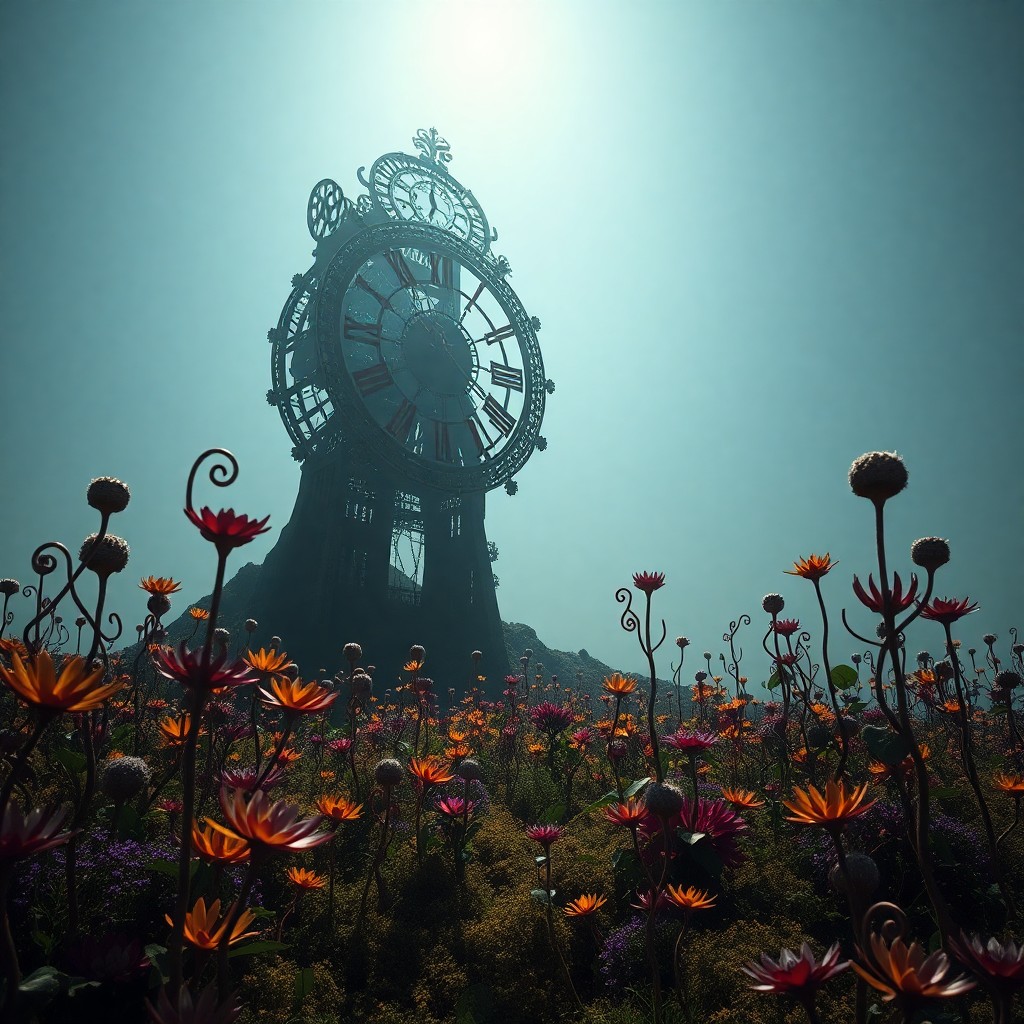 AI generated art for prompt: Imagine a surreal landscape where an immense, intricately designed timepiece appears to rise from th